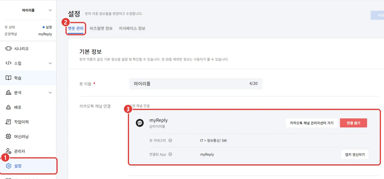 챗봇 관리자센터 설정 화면. 왼쪽 [설정] 메뉴(1번), [챗봇 관리] 탭(2번), 운영 채널 연결에 채널 myReply가 연결된 칸(3번)이 표시되어 있다.