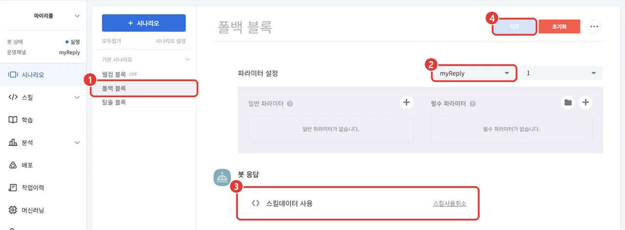 폴백 블록 편집 화면. 시나리오 목록의 [폴백 블록](1번), 파라미터 설정의 스킬 선택 칸(2번), 봇 응답의 [스킬데이터 사용](3번), [저장] 버튼(4번)이 표시되어 있다.