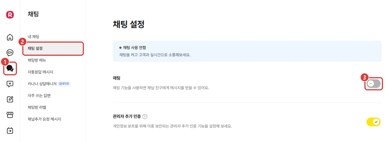 카카오비즈니스 파트너센터 채팅 설정 화면. 왼쪽 채팅 아이콘(1번), [채팅 설정] 메뉴(2번), 채팅 스위치가 꺼진 모습(3번)이 표시되어 있다.
