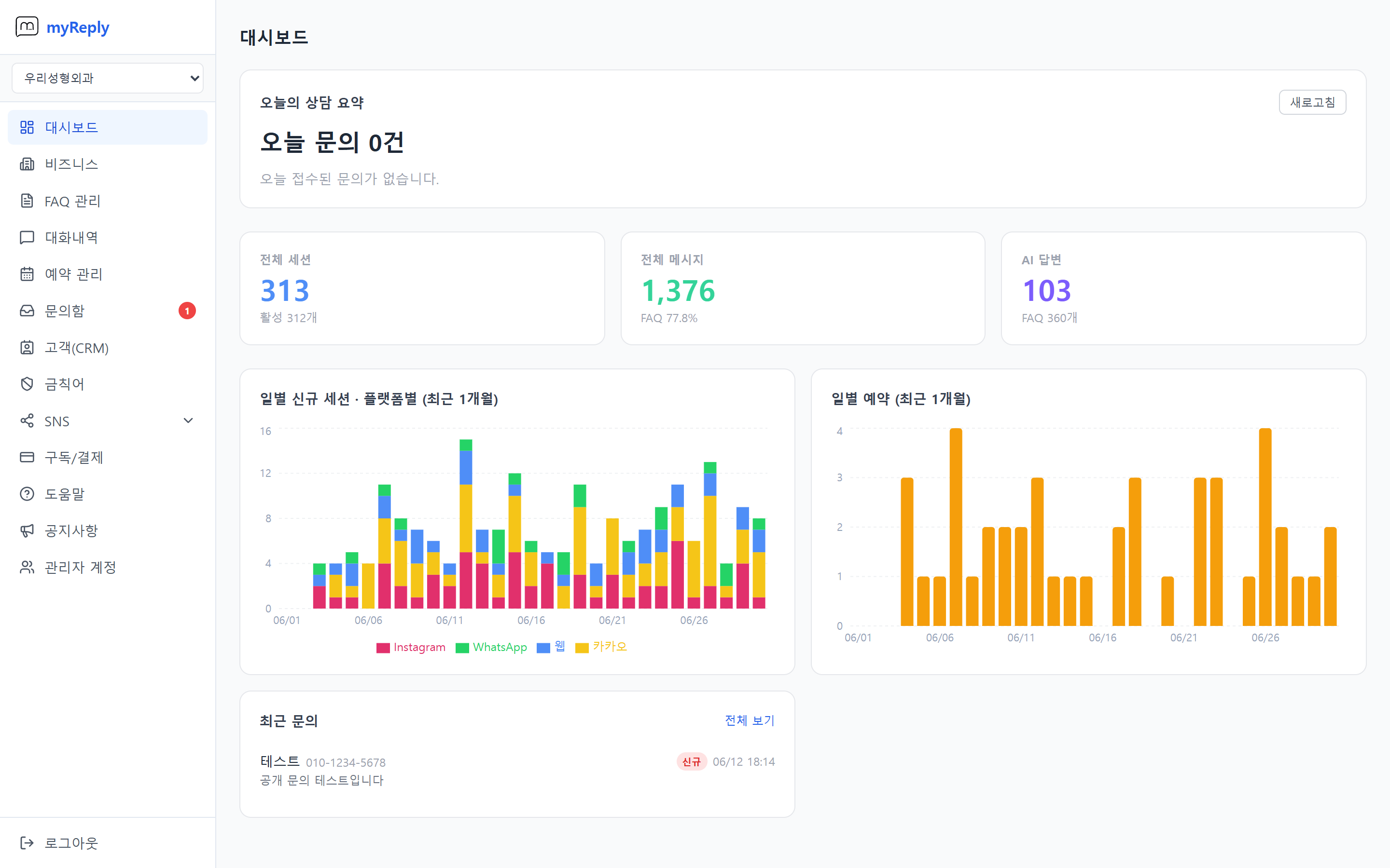 myReply 관리자 대시보드 화면